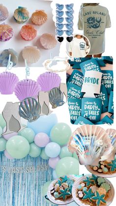 a collage of pictures with shells, balloons and other things to do on the beach