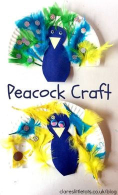 two paper plates with peacock crafts on them and the words peacock craft written in black