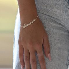 "This name bracelet is the new trend and unique gift idea. This is the perfect gift for mothers day, wedding, anniversary, birthday, graduate student etc. we made this necklace from 0.925 sterling silver or brass with gold, rose gold and silver finish. ✅ INFO ABOUT THIS ITEM: * Material: Sterling Silver 925 / Gold Finish Over Sterling Silver 925 / Rose Gold Finish Over Sterling Silver 925 / Silver Finish Over Brass / Gold Finish Over Brass / Rose Gold Finish Over Brass * Chain length: 4.5\", 5\" Name Bracelet Ideas, Bracelet Names, Names Bracelet, Gold Name Bracelet, Ideas Name, Nameplate Bracelet, Bracelet Name, Rhinestone Projects, Word Bracelet