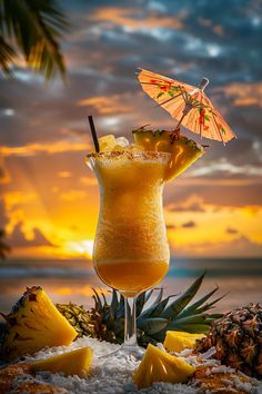 a pineapple drink with an umbrella on the beach