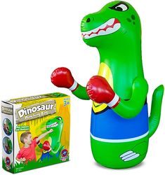 an inflatable dinosaur with boxing gloves next to a box of play - doh