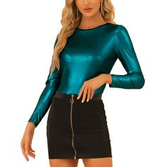 Allegra K Metallic Tops for Women's Sparkly Party Shiny Shirt Long Sleeve Round Neck Metallic Fabric Regular Fit Metallic fabric adds multi-shine to this comfy and casual puff sleeve tops. A fashion evening is in the works when you wear a metallic blouse, set with puff sleeves. Wear it with wide-leg trousers or style it with leather leggings and heels for the evening. It's designed with round neck and puff sleeves and it has textured fabric to it that sets it apart from more simplistic styles. S Metallic Tops, Puff Sleeve Tops, Leggings And Heels, Sparkly Party, Metallic Blouses, Metallic Fabric, Disco Party, Puff Sleeve Top, Shirt Long Sleeve