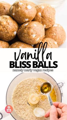 the ingredients for vanilla bliss balls in a blender, and then being mixed together