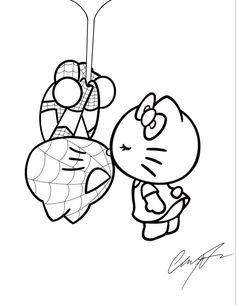 a cartoon character hanging from the ceiling with an object in it's hand and another drawing