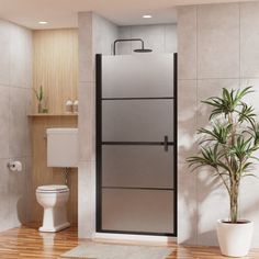 a bathroom with a toilet, plant and shower stall in it's center area