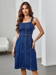 Patchwork Vintage Denim Dress with Wide Straps Spring Non-stretch Midi Denim Dress, Spring Non-stretch Midi Length Denim Dress, Non-stretch Midi Length Denim Dress For Spring, Dark Wash Midi Denim Dress For Summer, Spring Cotton Denim Midi Dress, Fitted Midi Denim Dress For Spring, Fitted Midi-length Denim Dress For Spring, Non-stretch Denim Blue Summer Dress, Non-stretch Denim Dress For Spring