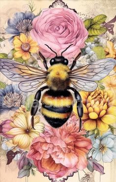 a painting of a bee surrounded by flowers