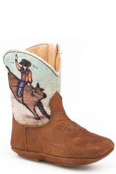 Cowbabies Brahma Bull Soft Brown Leather Vamp Printed Bull Rider On Textile Shaft Square Toe Padded Insole Zipper Closure For Easy On and Off Fit Soft Sole Brahma Bull, Cowgirl Boots Square Toed, Cute Cowgirl Boots, Bull Riders, Mr Men, Infant Boys, Tractor Supply, Soft Brown, Baby Boy Fashion