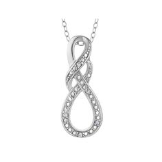 Sterling Silver Accent Diamond Infinity Pendant Necklace 1/20 Carat (Ctw) With Chain; White Diamonds Glitter Against A Back Drop Of Polished Sterling Silver In This Beautiful Infinity Pendant Necklace. Measuring 1 Inch Long, This Elegant Looping Pendant Symbolizes Eternal Love And Hope And Comes With A Matching 18 Inch Chain.; Beautifully Crafted In 0.925 Sterling Silver With A Polished Finish And Includes The Matching Chain; Stone Type: Diamond; Color: H-I; Clarity: I2-I3; .05 Ctw; Quantity: 1; Ruby Heart Pendant, Blue Topaz Pendant Necklace, Tahitian Pearl Necklace, Sapphire Necklace Pendants, Sterling Silver Cross Pendant, Citrine Pendant, Blue Topaz Pendant, Silver Cross Pendant