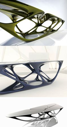 Mesa Table | Polyurethane base, Fiberglass top, Metallic paint finish | 4050 mm x 1650 mm x 700 mm |  Zaha Hadid Architects for Vitra | Design by Zaha Hadid with Patrik Schumacher Designer Table, Vitra Design, Futuristic Furniture, Generative Design, Futuristic Interior, Parametric Design