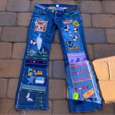 One Of A Kind Up, Cycled Patched Embroidered Very Cool Pair Of Flared Leg Lucky Brand Lil Maggie Denim Jeans These Took Over 13 Hours To Create This One Of A Kind Design These Are A Size 8 Inseam Is 29 3/4” These Are A Low Cut Jean That Has Two Button Closure And Extra Buttons If You Want To Cinch In The Top These Are Comprised Of Patches I Made And Fabrics New, And Old That I Have Gathered For A Long Time They Can Be Machine Washed And Dried, And Have Been To Show You Final Result Recommend To Wash And Dry In Inside Out For Best Results Price Is Firm Monies From The Sale, Go To Rescue Dogs And Cats In Our Area. We Are Not A 5013c Just A Group Of Blue Cotton Patchwork Flare Jeans, Casual Blue Embroidered Jeans, Casual Denim Flare Jeans For Festival, Multicolor Denim Patchwork Pants, Multicolor Patchwork Denim Pants, Embroidered Medium Wash Denim Pants, Embroidered Relaxed Fit Denim Jeans, Relaxed Fit Embroidered Denim Jeans, Blue Flare Jeans For Summer Festival