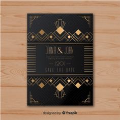 black and gold save the date card with geometric design on wood background, free pst file