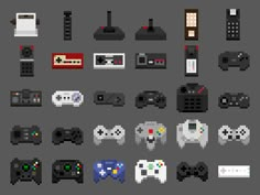 a collection of video game controllers and controllers in pixel art style, all with different colors