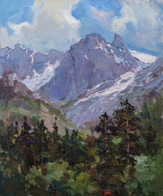 an oil painting of mountains and trees