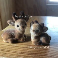 two stuffed animals sitting on top of a wooden table next to each other with the words be the person that you need