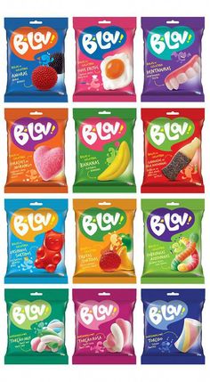 six bags of fruit flavored snacks are shown in different colors and flavors, with the names