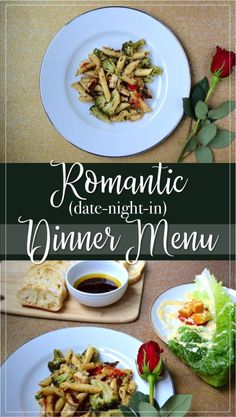 romantic date - night dinner menu with pasta and salad on the side, as well as an appetizer