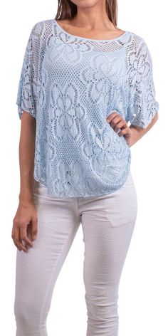 Elegant, soft and stretchy lace-style knit top in a floral design, with short wide sleeves. Exterior 100% Viscose | Interior 95% Viscose 5% Elastic One Size fits most Made in Italy Model is 5'8 V-neck Crochet Lace Top, Stretch Lace Tops With Pointelle Knit, V-neck Lace Top With Crochet Details, Short Sleeve Lace Tops With Crochet Detail, Stretch Pointelle Knit Blouse, Stretch Pointelle Knit Short Sleeve Top, Summer Crochet Lace Short Sleeve Blouse, Summer Crochet Lace Blouse With Short Sleeves, Spring Lace Tops With Short Sleeves