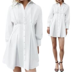 Zara Mini Shirt Dress Womens Medium White Cotton Button Up A-Line Pleated Summer - New With Tags - Length Shoulder To Hem 33" - Chest Across 17" - Shoulder To Shoulder 15" - Sleeve Length 23" - 100% Cotton - Sold As Pictured H1 Spring Collared Shirt Dress With Buttons, Spring Shirt Dress With Collared Neckline, Summer Office Shirt Dress With Button Cuffs, White Long Sleeve Shirt Dress With Button Closure, Spring Office Shirt Dress With Covered Buttons, Pleated Button-up Blouse For Daywear, Classic Spring Shirt Dress With Buttons, Classic Spring Buttoned Shirt Dress, White Shirt Dress With Button Closure For Office