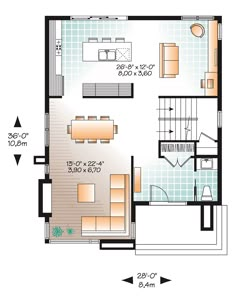 a floor plan for a small house with an open kitchen and living room, dining area