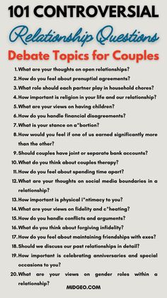 Discover 101 controversial relationship questions and debate topics for couples to spark deep, meaningful conversations. From love and trust to finances and future plans, these prompts will help you explore and strengthen your relationship. Here you will find controversial relationship debate topics, controversial relationship questions, controversial relationship questions funny, controversial relationship questions to ask a girl, controversial relationship questions to ask a guy, controversial relationship questions to ask friends, debate topics for couples, hot relationship topics to discuss, relationship debate topics for adults. Questions To Ask About Relationships, Debate Topics For Adults, Debate Topics For Couples, Couple Topics, Topics For Couples, Debate Ideas, Relationship Notes, Controversial Questions