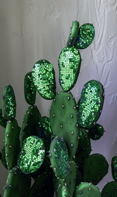 a green cactus plant with lots of leaves on it's head and some beads