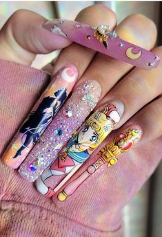 Character Acrylic Nails, Manga Nails, Serenity Nails, Sims 4 Nails, Stilleto Nails Designs, Queen Nails