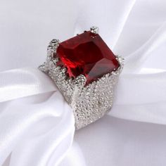 Gorgeous White Gold Filled Ring Huge 8ct Ruby Gemstone Rhinestone Ring Glamorous Formal Rings With Bling, Elegant Red Crystal Ring For Party, Elegant Diamond Ring As Gift, Glamorous Bling Rings For Formal Occasions, Formal Diamond White Crystal Ring With Sparkling Stones, Party Crystal Ring With Open Gemstone Design, Party Crystal Open Ring With Gemstone, Party Crystal Ring With Sparkling Stones, Gemstone Crystal Open Ring For Party