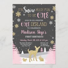 a pink and gold deer birthday party with snowflakes on the trees in the background