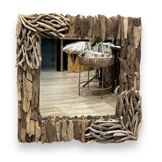 Driftwood Square Wall Mirror - 24-in - Mellow Monkey Square Mirrors, Square Wall Mirror, Lakehouse Ideas, Driftwood Frame, Driftwood Mirror, Mirror Crafts, Wood Art Projects, Coastal Charm, Square Mirror