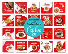 the restaurant menu templates edit in canva 20 is displayed with red and white colors