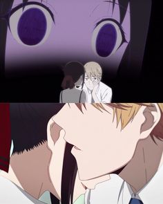 an anime scene with two people looking at each other and one is kissing the other