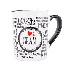 a black and white coffee mug with the word granny printed on it's side