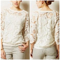 Anthropologie Dolan Left Coast Collection Top Pieced Lace Banded Neck And Hem 3/4 Length Sleeves With Lace Edges Polyester With Cotton Trim Unlined Off White Size Xs New With Tags Elegant 3/4 Sleeve Tops For Brunch, Elegant Half Sleeve Tops For Brunch, Casual Office Fashion, Lace Top White, Lace Peplum Blouse, Lace Edges, White Top Women, Sleeves With Lace, Floral Tunic Tops