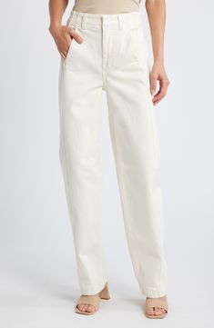 The cut: easy through the hips and thighs, these high-waist jeans have tapered legs, slant pockets, a side panel and welt back pockets. 31 1/2" inseam; 19" leg opening; 12" front rise; 14 1/2" back rise (size 29) Zip fly with button closure Front slant pockets; back welt pockets 98% cotton, 2% elastane Machine wash, tumble dry Imported Spring Cropped Tapered Cotton Jeans, Spring Tapered Cropped Cotton Jeans, Spring Cotton Tapered Cropped Jeans, Chic Cropped Cotton Jeans With Tapered Leg, Chic Cropped Tapered Leg Cotton Jeans, White Cropped Jeans With Five Pockets And Straight Hem, Chic White Tapered Leg Jeans, Relaxed Fit Pants With Contrast Stitching For Everyday, White Straight Fit Jeans For Workwear