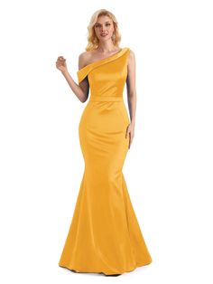 marigold Asymmetrical Neckline Satin Evening Dress For Wedding, One-shoulder Bias Cut Wedding Gown, One Shoulder Bias Cut Wedding Gown, Asymmetrical Neckline Satin Wedding Gown, Yellow Satin Party Gown, Yellow Satin Gown For Party, One Shoulder Fitted Satin Wedding Dress, One-shoulder Satin Dress For Wedding, One Shoulder Satin Dress For Wedding