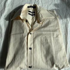 Claiborne Size 15 32/33 Wrinkle Free Striped Long Sleeve Cotton Cream Spread Collar Shirt For Spring, Cream Spread Collar Top For Summer, Beige Shirt With Spread Collar For Daywear, Beige Spread Collar Shirt For Daywear, Beige Shirt With Spread Collar, Beige Spread Collar Shirt, Wrinkle Free, Striped Long Sleeve, Casual Shirts For Men