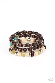 A mismatched collection of brown wooden beads, silver accents, turquoise stones, and glassy yellow beads are threaded along stretchy bands, creating colorful layers around the wrist.

 Sold as one set of three bracelets. Paparazzi Jewelry Images, Paparazzi Accessories Jewelry, Yellow Bracelet, Brown Bracelet, Turquoise Bead Bracelet, Wooden Bracelet, Yellow Turquoise, Paparazzi Accessories, Jewelry Images