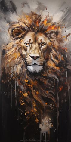 a painting of a lion with orange and black colors