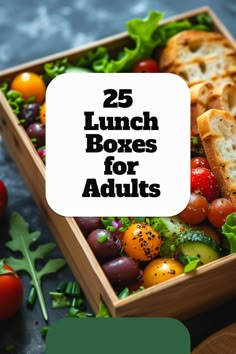 a wooden box filled with lots of different types of food and the words 25 lunch boxes for adults