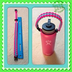 a pink and blue water bottle sitting on top of a carpet