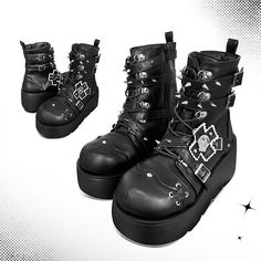 Get ready to rock the punk look with these edgy platform boots. Featuring spike studs , leather buckles, and a chunky heel, these boots are the perfect statement piece for your alternative wardrobe.   Please note that this product includes only one pair of shoes.  Garment Size   	 		 			Size 			35 			36 			37 			38 			39 			40 		 		 			Foot Length 			22.5 			23 			23.5 			24 			24.5 			25 		 		 			Heel 			4.5-7.5 			4.5-7.5 			4.5-7.5 			4.5-7.5 			4.5-7.5 			4.5-7.5 Leather Punk Platform Boots For Biker Events, Punk Leather Platform Boots For Biker Events, Leather Combat Boots With Rivets For Alternative Fashion, Grunge Platform Moto Boots For Streetwear, Spiked Leather Grunge Boots, Punk Combat Boots With Spikes And Round Toe, Punk Style Platform Boots With Rivets And Round Toe, Punk Style Platform Boots With Rivets, Leather Punk Combat Boots With Rivets