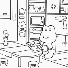 a black and white drawing of a teddy bear playing with toys in a playroom