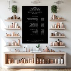 a wall with shelves filled with lots of different types of items on it and a sign above the shelf