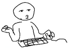 a drawing of a person sitting in front of a keyboard and holding an object with one hand