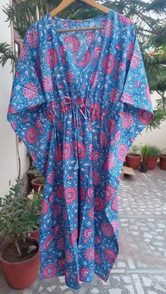 Blue Cotton Kimono For Beach Cover-up, Traditional Cotton Kaftan For The Beach, Bohemian Blue Sleepwear For Vacation, Blue Bohemian Sleepwear For Vacation, Blue Cotton Kaftan For Loungewear, Blue Free Size Cotton Kaftan, Blue Cotton Kaftan In Free Size, Blue Cotton Kaftan For Beach Cover-up, Blue Cotton Kaftan For Vacation