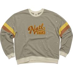 Step into comfort and style with The Landmark Project National Parks Banded sweatshirt  featuring old-school collegiate typography and a warm vintage color palette. Casual Long Sleeve Top With Logo Lettering, Casual Long Sleeve Sweatshirt With Logo Lettering, Relaxed Fit Tops With Logo Lettering For Fall, Fall Tops With Logo In Relaxed Fit, Oversized Logo Lettering Sweatshirt For Fall, Oversized Fall Sweatshirt With Logo Lettering, Oversized Sweatshirt With Logo Lettering For Fall, Fall Crew Sweatshirt With Logo Lettering, Throwback Logo Print Sweatshirt For Fall