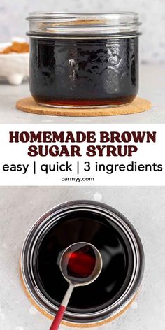 homemade brown sugar syrup in a glass jar with a spoon on the side and text overlay reading homemade brown sugar syrup easy quick 3 ingredients