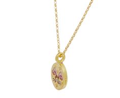 Inspired by the whimsy of Rococo-style paintings, this Cece Jewelry necklace is meant to be worn as a declaration of sweetness and love. The oval, matte 18K yellow gold pendant has a hand-enameled Champlevé enamel pink bow at its center which is surrounded by tiny, star set diamonds. Engraved on the back is a tiny heart pierced by an arrow and surrounded by three additional diamonds. It hangs from the adjustable 18K yellow gold chain and will add a sweet, symbolic vibe to any outfit. total lengt Heart Piercing, Bow Pendant, An Arrow, Tiny Star, Rococo Style, Tiny Heart, Yellow Gold Chain, Yellow Gold Pendants, Pink Bow