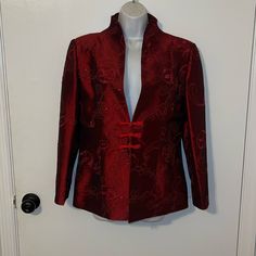 Nwot Elegant Jacket Hand Made Size M Knotted Buttons Very Nice Details Embroidery Sequins Designs Dark Red Measurements: Armpit To Armpit 17” Length 27” Winter Formal Blazer With Floral Embroidery, Embroidered Long Sleeve Evening Blazer, Festive Long Sleeve Silk Outerwear, Long Sleeve Embroidered Evening Blazer, Formal Blazer With Floral Embroidery And Long Sleeves, Elegant Red Outerwear With Stand Collar, Formal Long Sleeve Blazer With Floral Embroidery, Elegant Red Silk Outerwear, Embroidered Long Sleeve Silk Outerwear